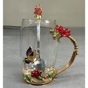 Elegant Tea Cup Glass Coffee Mug Enamel Rose Flower Butterfly ARC and Spoon